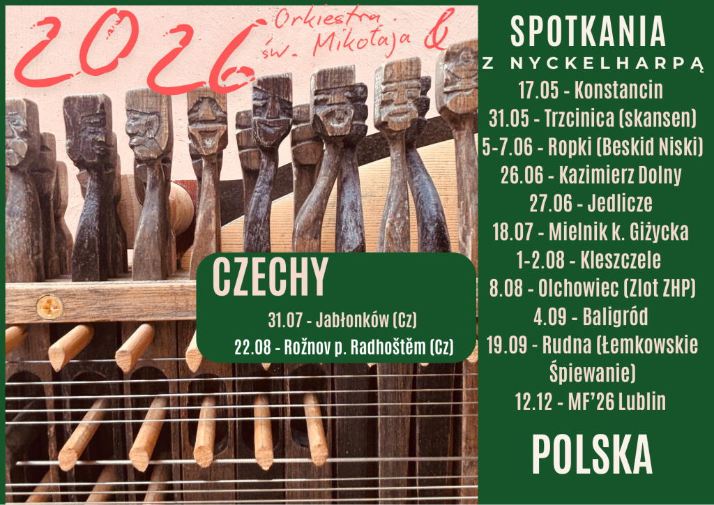infografika przedstawia terminy spotkań z nyckelharpą w różnych miejscowościach w polsce zielone tło oraz klawisze rzeźbionej nyckelharpy